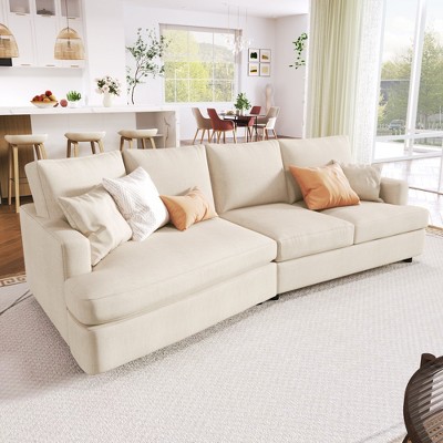 3 Seats Sofa Linen Fabric Sofa Couch with Reversible Back Cushions,  Upholstered Scrolled Arm Sofas 3-Seat Couches for Living Room, Beige 