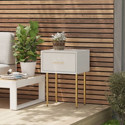 JIONJOY Contemporary White Nightstand with Raised Diamond Design, Gold Metal Legs & Spacious Drawer