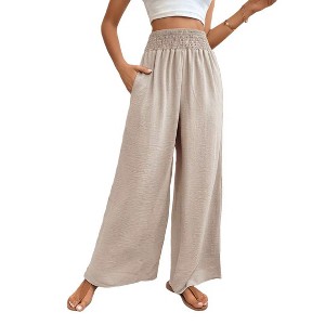 Womens Wide Leg Pants Casual Flowy Elastic Waist Palazzo Pant Dressy Long Lounge - 1 of 4