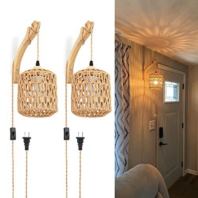 Plug in Wall Sconces Set of Two Hand Woven Lamp with Cord Rattan Lights Farmhouse Sconce Mounted Light Boho Lighting for Bedroom