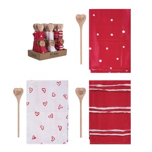 Transpac Wood Heart Spoon & Cotton Tea Towel S/12 Home Decorations Valentines - 1 of 2