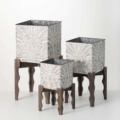 Sullivans Flourish Square Metal Planter Set of 3, 25"H, 20"H & 15.24"H Gray