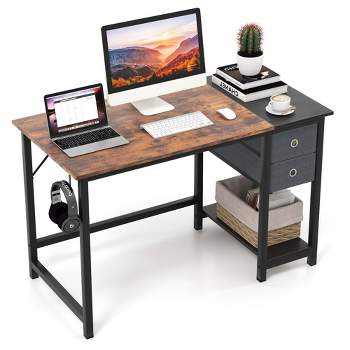 Costway 48" Home Office Desk with Storage Headphone Hook Shelf & 2 Drawers Laptop Desk