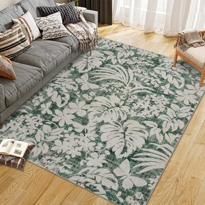 Area Rugs: Washable Non-Slip Botanical Tropical Plants Carpet, Soft Low Pile Foldable Stain Resistant Rugs for Bedroom, Home - 1 of 4