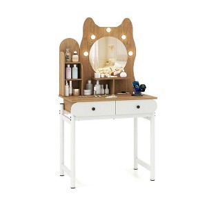 Resenkos Cute Kitty Vanity Desk - Small Size, Lighted Mirror, Power Outlets, Adorable Makeup Table - Natural White - 1 of 4