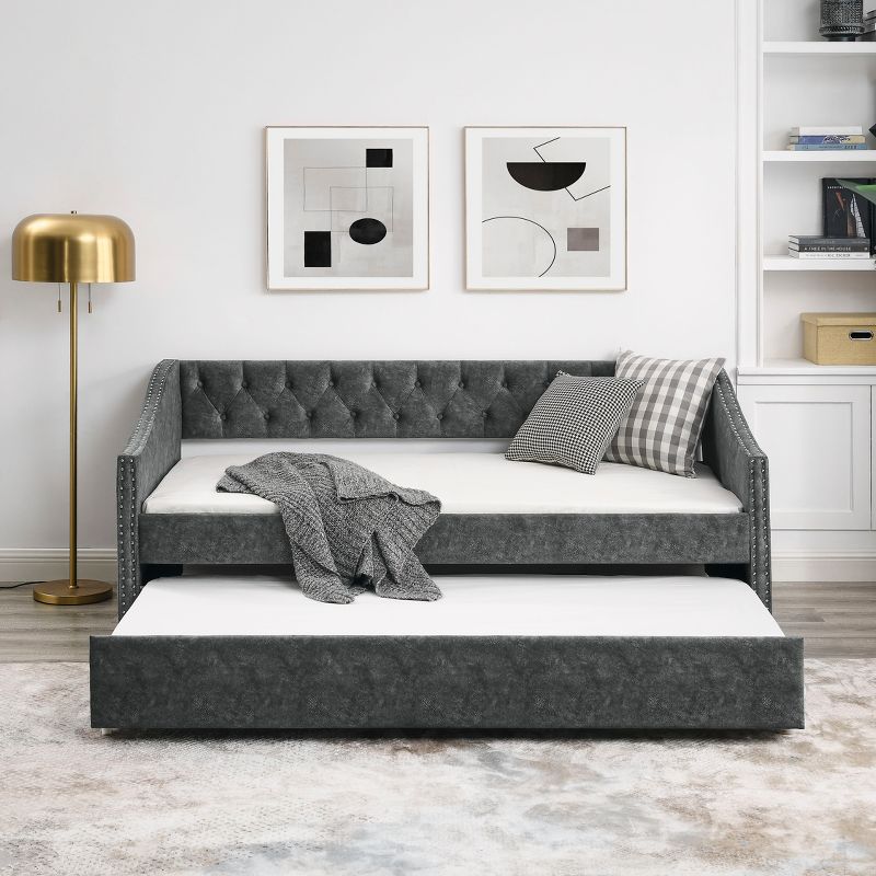 Twin Size Daybed, Upholstered Tufted Sofa Bed with Twin Size Trundle Bed-ModernLuxe, 2 of 10