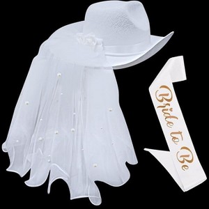 Bride Cowgirl Hat with Veil & Sash - Women White Cowboy Hat Bachelorette Party, Bridal Shower Dress Up by 4E's Novelty - 1 of 4