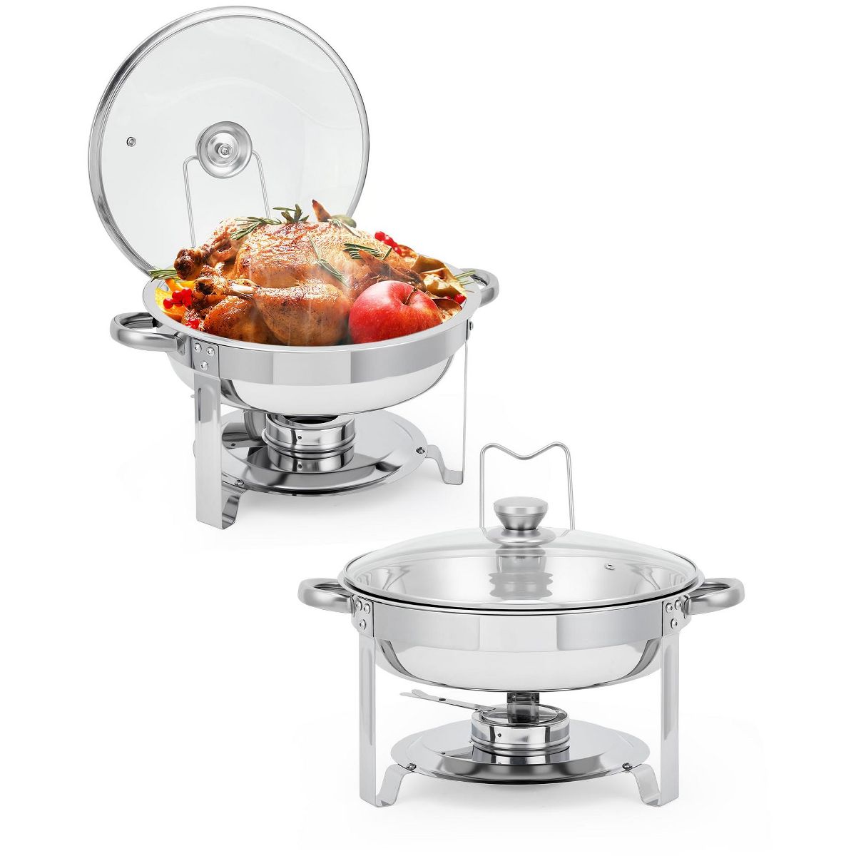 4/6 Pack 5QT Stainless Steel Round Chafing Dish Set, Buffet Food Warmer with Glass Lid, Lid Holder, Drip Tray&Fuel Holder for Party, Wedding, Picnic