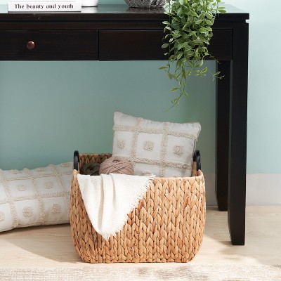 Rectangular Multi Purpose Water Hyacinth Woven Wicker Baskets with Handles 16" x 12" x 13" Natural Brown