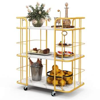 Costway 3-Tier Kitchen Storage Utility Cart Gold Rolling Bar Serving w/Lockable Casters