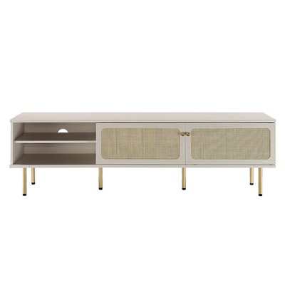 Cambria 70" White Particleboard TV Stand with Rattan Weave Cabinet