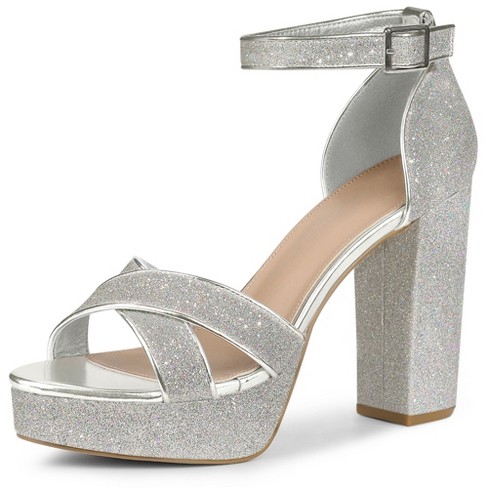 Perphy Women's Glitter Platform Crisscross Chunky Heels Sandals Silver ...
