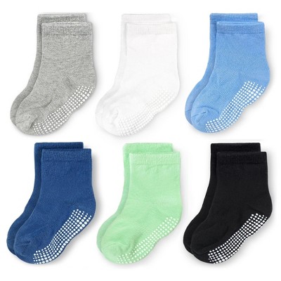 Cozyway Non-Slip Crew Grip Infant Socks, 6 Pack for Boys, Black/White/Gray/Aqua Blue/Sky Blue/Lime Green, 6-12 Months