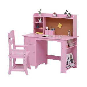 Kids Desk, Study Desk and Chair Set for Boys and Girls, Wooden Kids Writing Table with Bookshelf Bulletin Board Cabinet and Drawer for Ages 3-8 - 1 of 4