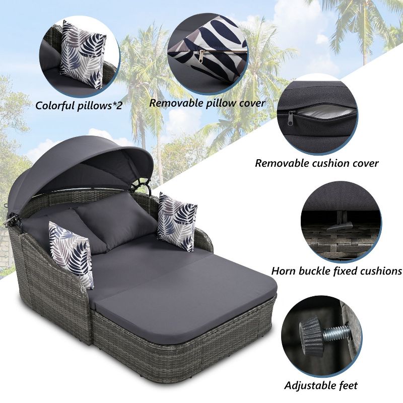 79.9" Outdoor Sunbed with Adjustable Canopy, Daybed With Pillows, Double lounge, PE Rattan Daybed, Gray Wicker-Maison Boucle, 3 of 9