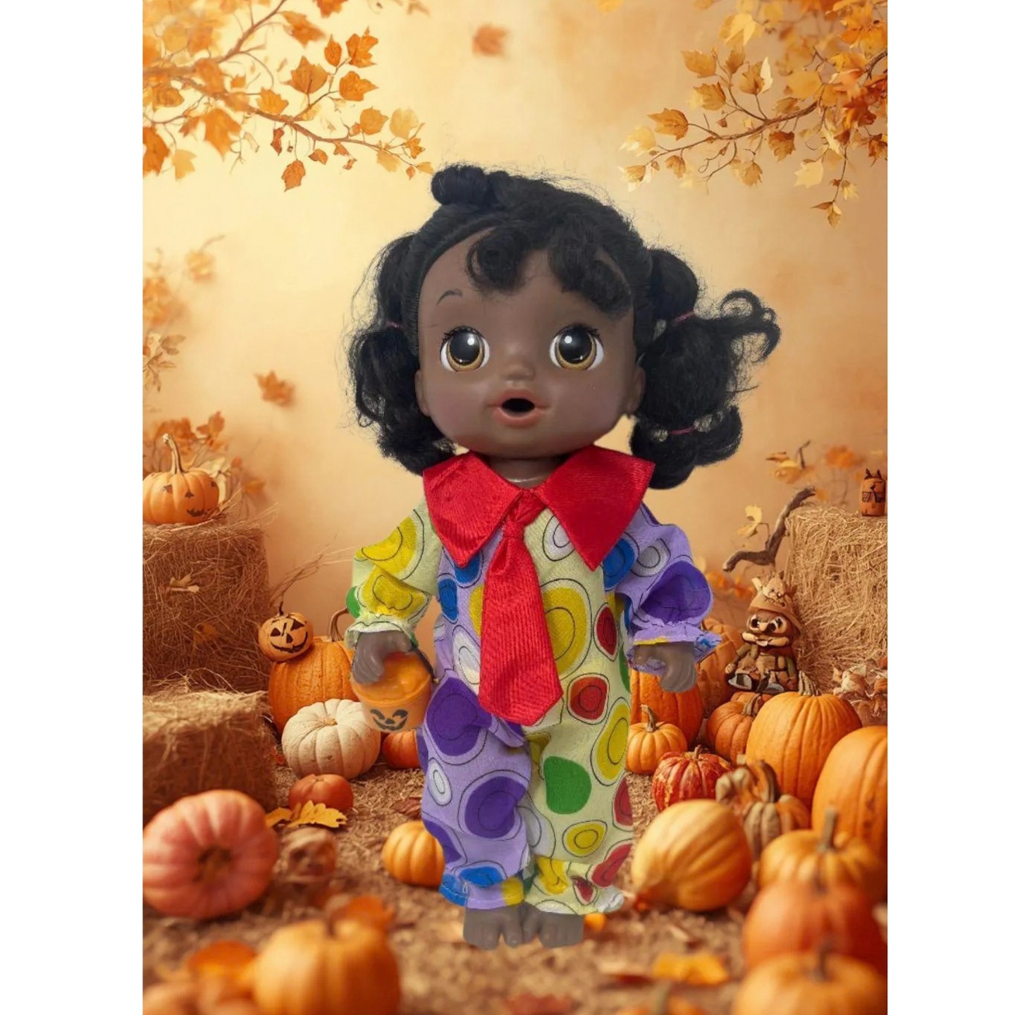 Doll Clothes Superstore Clown Costume with Pumpkin Trick or Treat Bucket for 14 Inch Baby Alive Dolls — фото 5