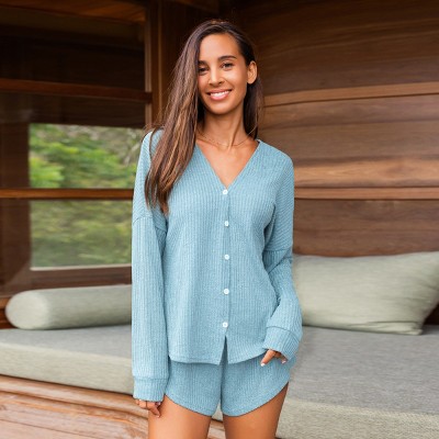 Women's Elegant Black Ribbed Long Sleeve Button-Down Top with Shorts Pajama Set - Cupshe