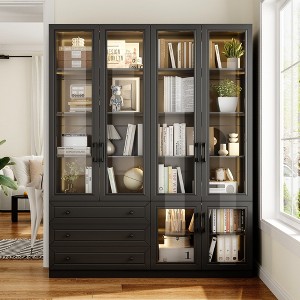FUFU&GAGA Black Bookcase with Glass Doors: Multi - color Lighting & Ample Storage Space Closet Organizer Glass Display Cabinet - 1 of 4