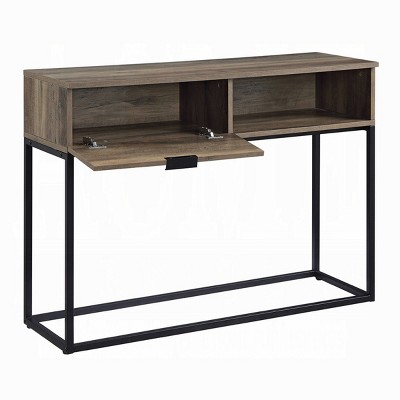 GlasFlength Desks Metal Frame Rustic Computer Desk Gaming Desk Home Office Desk with Two Drawers for Small Spaces, Brown, 42"*14"*30"