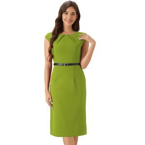 INSPIRE CHIC Women's Elegant Business Round Neck Belted Cap Sleeve Work Sheath Dresses - 1 of 4