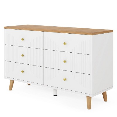 White and Light Brown 47" 6-Drawer Double Dresser with Gold Handles
