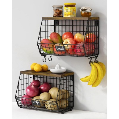 2 Pack Stackable Wire Baskets with Wood Lid, Potato and Onion Storage Bin with Banana Hook for Vegetable
