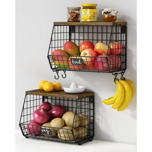 2 Pack Stackable Wire Baskets with Wood Lid, Potato and Onion Storage Bin with Banana Hook for Vegetable - 1 of 4