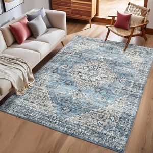 Washable Area Rug for Living Room, Floral Non-Slip Carpet, Low Pile Stain-Resistant Floor Cover for Bedroom or Office - 1 of 4