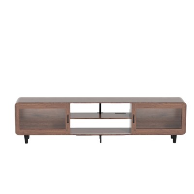 GlasFlength TV Stands and Consoles Mid Century Modern Media Console with Sliding Glass Doors for Living Room, Brown, 65"*14.2"*20.1"