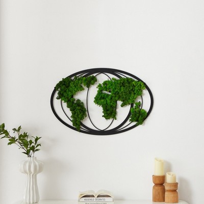 ChicFurnit Wall Art Moss World Map Metal Wall Decor Earth Design Natural Style for Home Living Room and Office, Green, 32"*21"*0.3"
