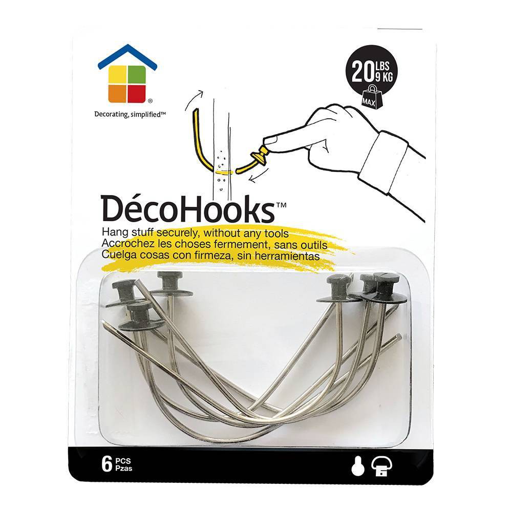 Under the Roof Decorating 20lb Deco Hooks Sampler Clear: Picture Hanging Hooks, Drywall Hooks, 20lb Capacity, 6 Pack