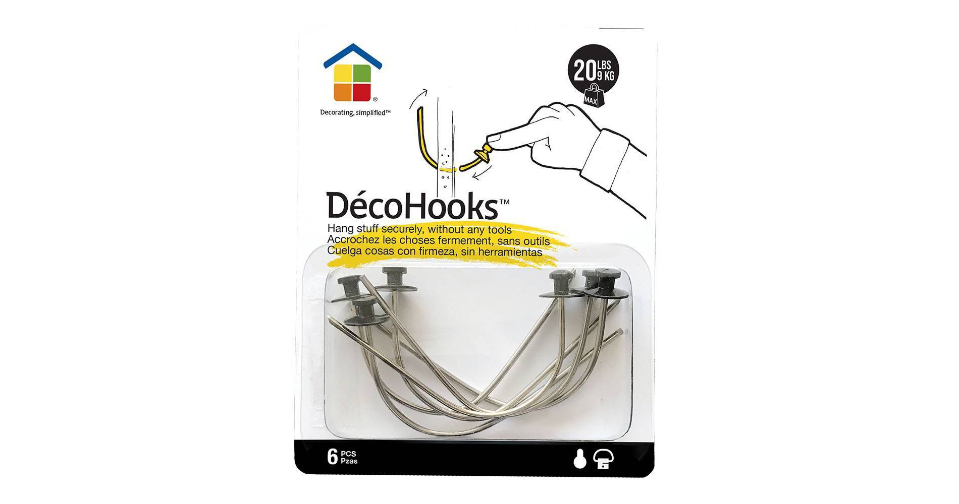 Under the Roof Decorating 20lb Deco Hooks Sampler Clear: Picture Hanging Hooks, Drywall Hooks, 20lb Capacity, 6 Pack
