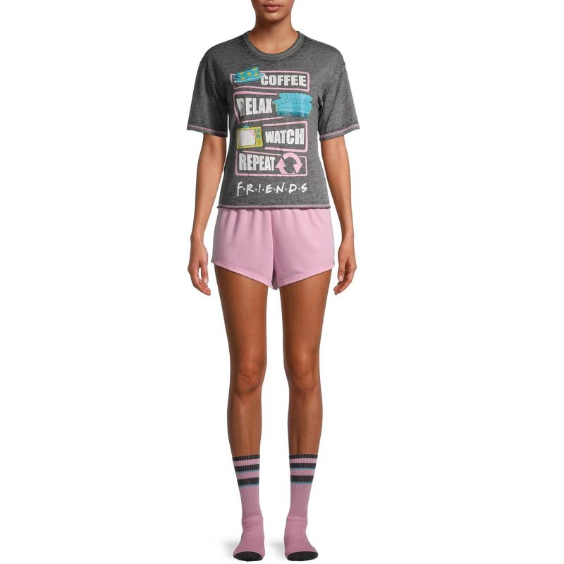 Women's Friends TV Show Pajama Set 3 PC Burnout Shirt Shorts W/ Crew Socks, 4 of 7