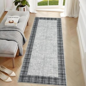 Washable Runner Rug Plaid Border, Non-Slip Low Pile Neutral Carpet, Stain Resistant Soft Rug for Hallway Entryway Kitchen - 1 of 4