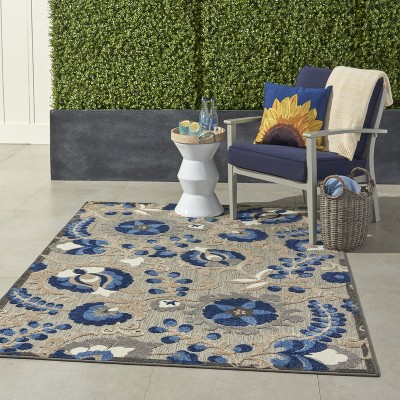 Natural Blue Floral Synthetic Medium Rectangular Rug