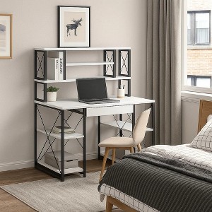 Royal Hampton Industrial Style Desk with 4 Open Selves and Bookcase Hutch, White - 1 of 4