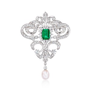 Ross-Simons 6-6.5mm Cultured Pearl and 1.70 Carat Simulated Emerald Vintage-Style Pin With 1.50 ct. t.w. Czs in Sterling Silver - 1 of 3