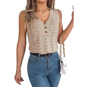 Clearlove Women's Crochet Knit Sleeveless V Neck Sweater Vest Sweater Tank Tops for Women Summer Hollow Casual Loose Fit Tank Tops - 1 of 4