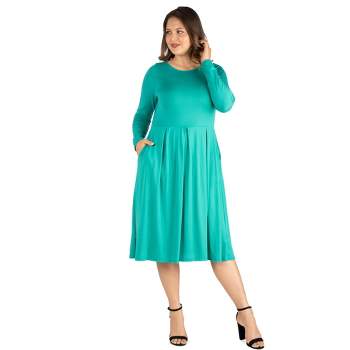 24seven Comfort Apparel Long Sleeve Fit and Flare Plus Size Midi Dress