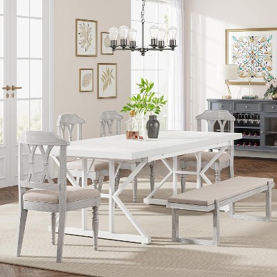 White Farmhouse 71-Inch Rectangular Wood Dining Table for Six