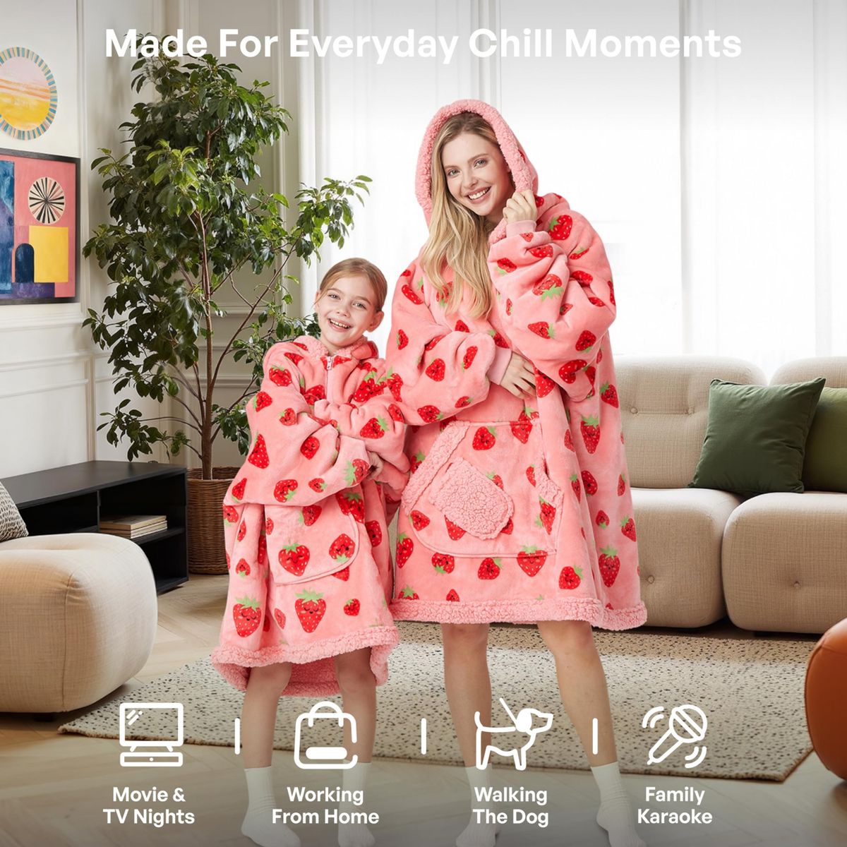 Joyfy Strawberry Cow Wearable Blanket Hoodie, Oversized Soft Fleece Hooded Blanket, Cozy Sweatshirt Gifts with Giant Pocket and Sleeves for Kids Girls - thumbnail 6