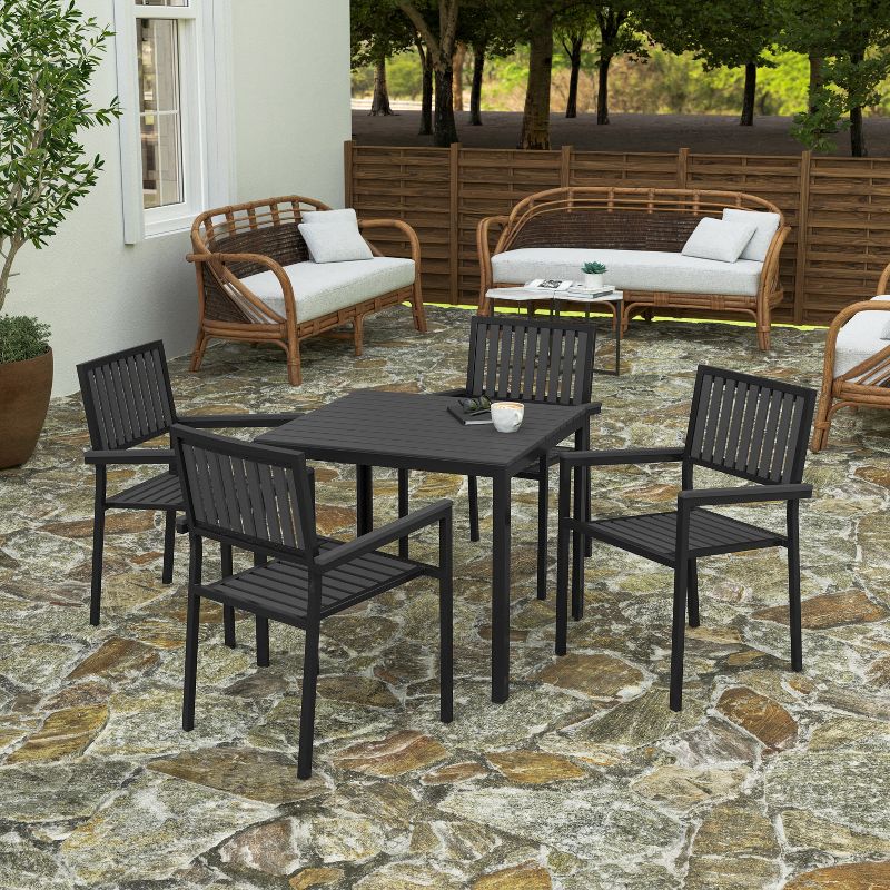 Merrick Lane 5 Piece Indoor/Outdoor Dining Set with Table and Four Chairs with Black Poly Resin Slats, 6 of 14