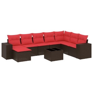 vidaXL 9 Piece Garden Sofa Set with Cushions Brown and Red - With Table - 1 of 4