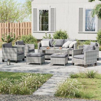 Sonkuki 8-Piece Patio Conversation Set with Ottoman and Side Table, Navy Blue Cushion