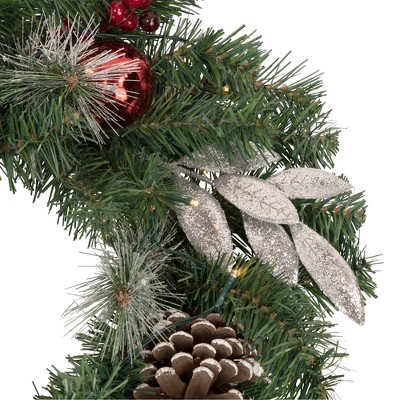 24" Pre-Lit Frosted Pine Cone and Berry Christmas Wreath