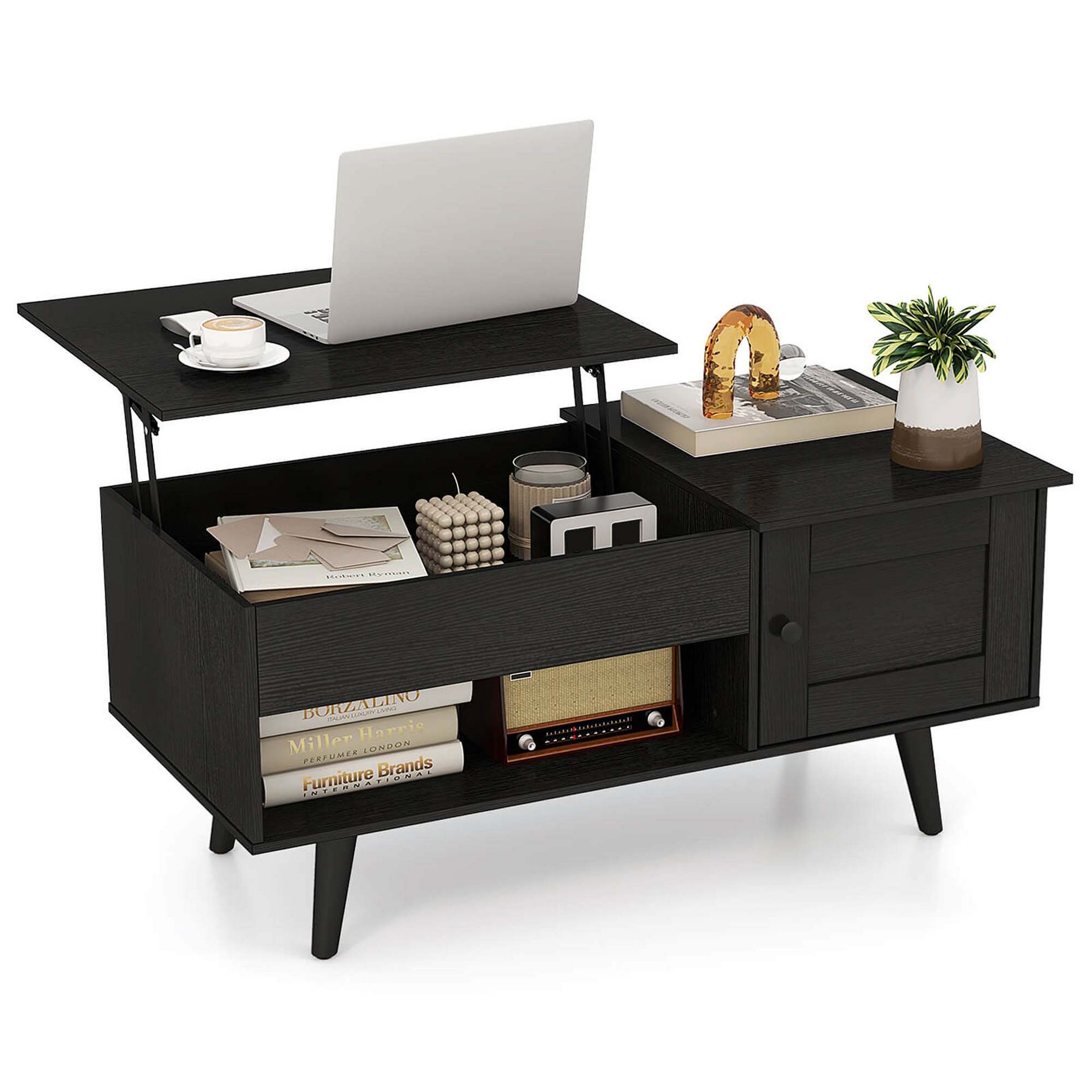 Costway Lift Top Coffee Table with Storage Hidden Compartment Cabinet & Open Shelf Black
