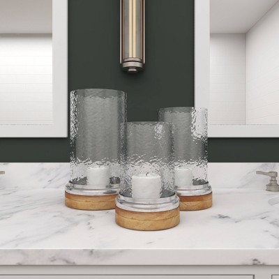 Elegant Traditional Wood & Glass Hurricane Candle Lantern Trio