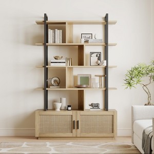 5 Tier Bookshelf with Storage Cabinet, 71 In Rattan Book Shelf with Open Display Shelves, Metal Frame Bookcase for Living Room Bedroom - 1 of 4