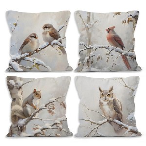 Winter Forest Bird Cardinal Throw Pillow Covers 18x18 Set of 4, Sparrow Squirrel Owl Decor Pillow Cases - 1 of 4