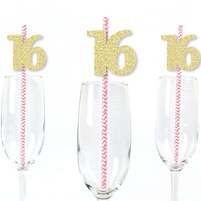 Big Dot of Happiness Gold Glitter 16 Party Straws - No-Mess Real Gold Glitter Cut-Out Numbers & Decorative 16th Birthday Party Paper Straws - 24 Ct